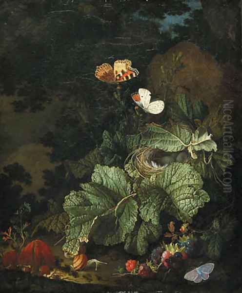 A forest floor still life with a bird's nest, toadstools, snails, blackberries, Tortoiseshell, Aurora, and Common Blue butterflies Oil Painting by Elias van den Broeck