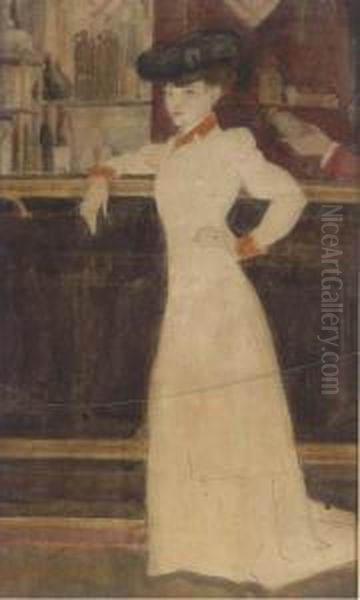 An Elegant Lady At A Bar Oil Painting by Georges Alfred Bottini