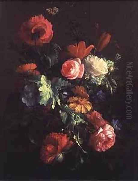 Poppies, Roses, Lilies, Daisies, a Convolvulus and Other Flowers in a Glass Bowl on a Ledge, with a Cabbage White Butterfly Above Oil Painting by Elias van den Broeck