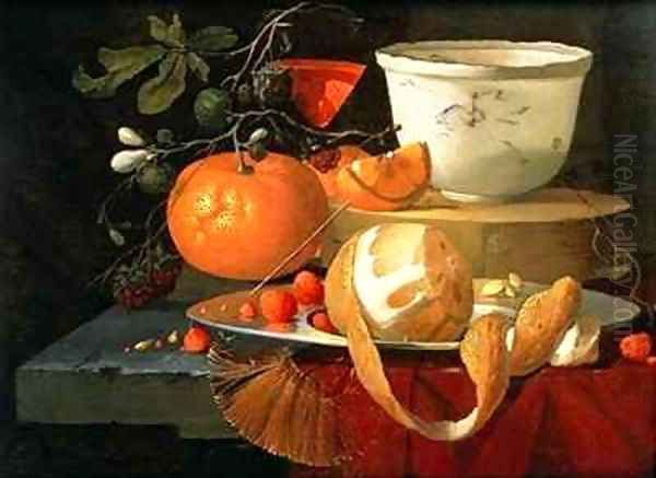 Still life of an orange, a lemon and strawberry on a pewter plate, a wan-li bowl behind Oil Painting by Elias van den Broeck