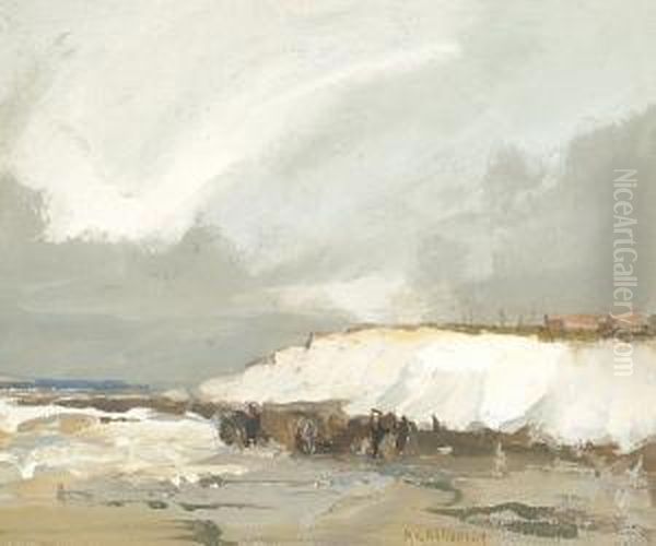 Figures On A Beach With Chalk Cliffs Oil Painting by Albert Ernest Bottomley