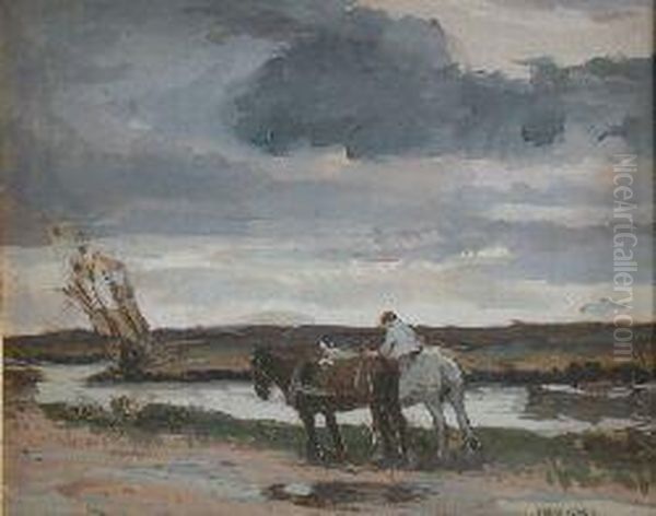 Keddle-net Fishers Oil Painting by Albert Ernest Bottomley