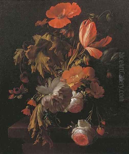 A still life with tulips, roses, poppies and other flowers in a vase on a wooden ledge Oil Painting by Elias van den Broeck