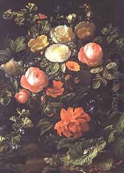 Still Life with Roses, Insects and Snails Oil Painting by Elias van den Broeck