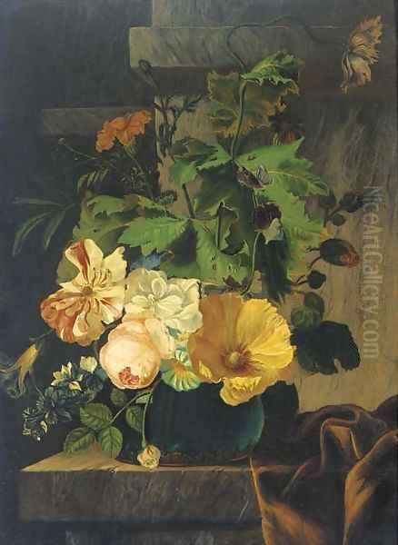 A rose, morning glory, carnations and other flowers on a glass vase on a partly draped marble ledge Oil Painting by Elias van den Broeck