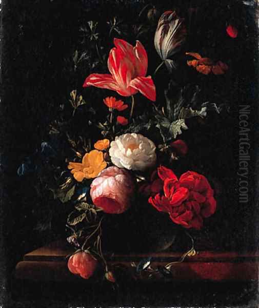 Pink and red Roses, Parrot Tulips, Camellias, Marigolds and other Flowers in a Vase on a Ledge Oil Painting by Elias van den Broeck