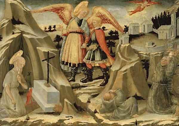 Tobias and the Angel, the Penitence of Saint Jerome and the Stigmatization of Saint Francis Oil Painting by Nero di Bicci