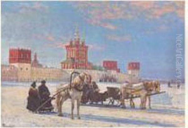 Madame Bouchard En Traineau Devant Le Kremlin Sous La Neige Oil Painting by Paul Louis Bouchard