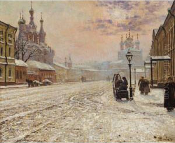 A Winter Morning On The Malaya 
Dmitrovka In Moscow, By The Gates Of The Strasnoi Monastery Oil Painting by Paul Louis Bouchard