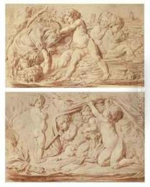 Allegories Of Autumn And Winter: Friezes With Putti At Play Oil Painting by Edme Bouchardon