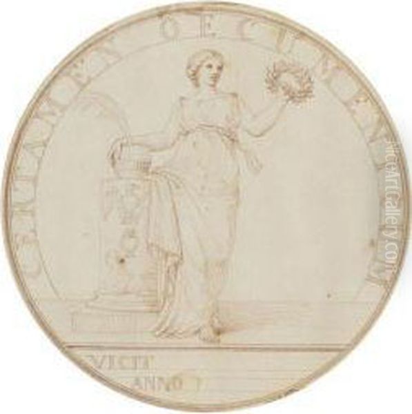 A Design For A Prize Medal With A Female Figure Holding A Laurelwreath Oil Painting by Edme Bouchardon