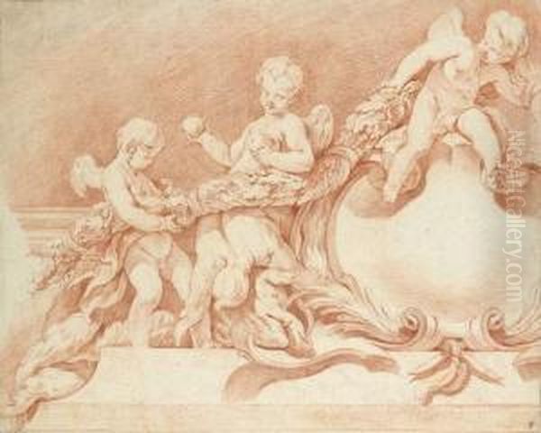 Etude De Dessus De Porte En Stuc, Putti Et Sanglier Pres D'un Blason Oil Painting by Edme Bouchardon