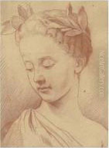 [circle Of Edme Bouchardon - Head Of A Woman - Red Chalk] Oil Painting by Edme Bouchardon