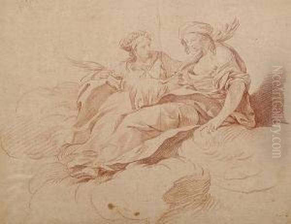 Two Draped Female Figures Seated On A Cloud Oil Painting by Edme Bouchardon