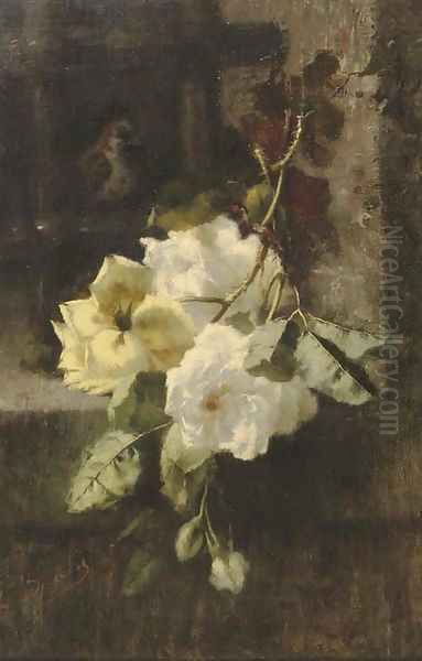 A swag of white and yellow roses Oil Painting by Ermocrate Bucchi