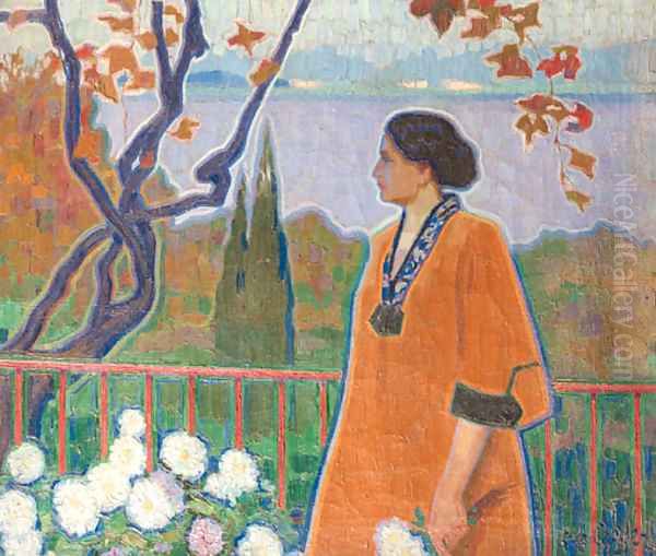 A lady in an autumn landscape near a lake Oil Painting by Otto Boyer