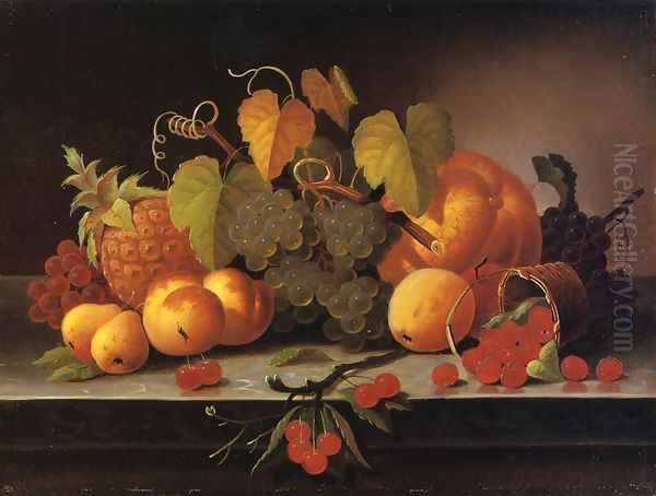 Still Life with Fruit, Melon and Pineapple on a Ledge Oil Painting by Samuel Brooks