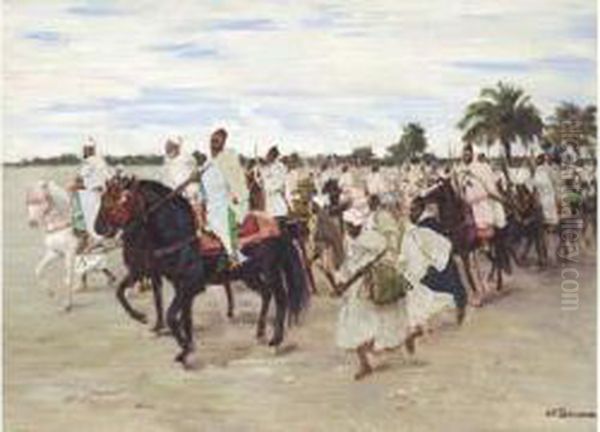 La Suite Du Caid Au Mechouar De Marrakech Oil Painting by Joseph-Felix Bouchor