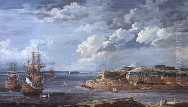 View of Brest with the Batterie Royale and men o'war in the bay 1776 Oil Painting by Louis Nicolael van Blarenberghe