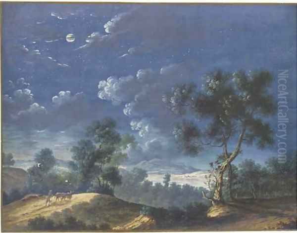 A moonlit landscape with a figure leading two cattle, a lake in the distance Oil Painting by Louis Nicolael van Blarenberghe