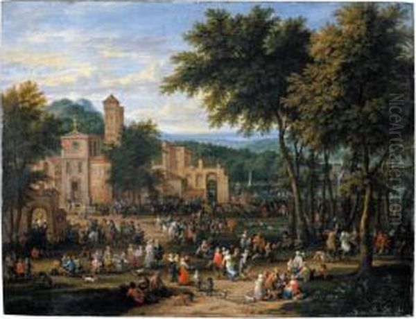 Landscape With A Village 
Festival, With Numerous Figures Dancing And Feasting Near A Church, A 
River Beyond Oil Painting by Boudewyns Adriaen & Bout Peeter