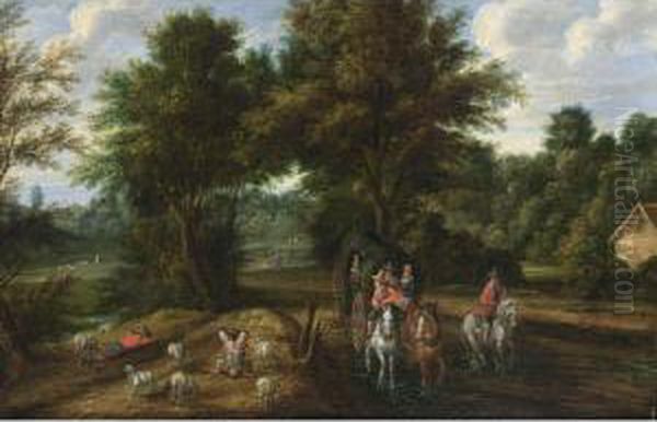 A Wooded Landscape With 
Travellers In A Horse-drawn Carriage With A Horseman And Shepherds With 
Their Sheep Resting Oil Painting by Boudewyns Adriaen & Bout Peeter