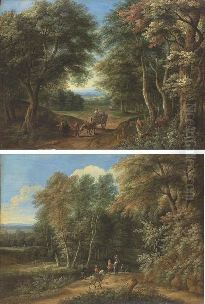 A Wooded Landscape With Travellers And A Cart And Horse Oil Painting by Adriaen Frans Boudewijns