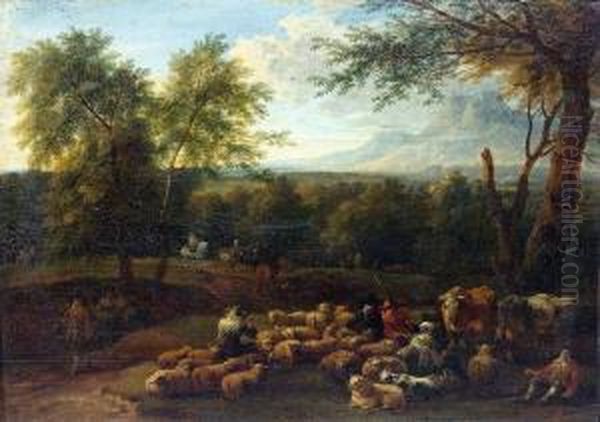 Bewaldete Landschaft Mit Rastenden Hirten Oil Painting by Adriaen Frans Boudewijns