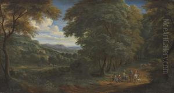 A Wooded Landscape With Horsemen Greeting Travelers On A Path Oil Painting by Adriaen Frans Boudewijns