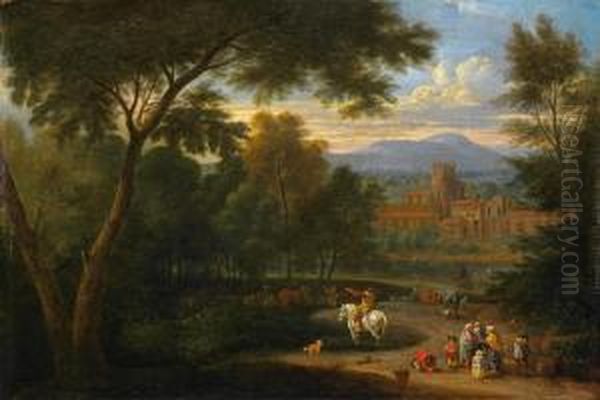 Italianisierende Landschaft Mit Reisenden Und Reiter Oil Painting by Adriaen Frans Boudewijns