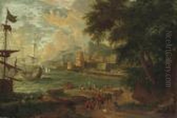 A 'capriccio' View Of A Mediterranean Harbour Oil Painting by Adriaen Frans Boudewijns