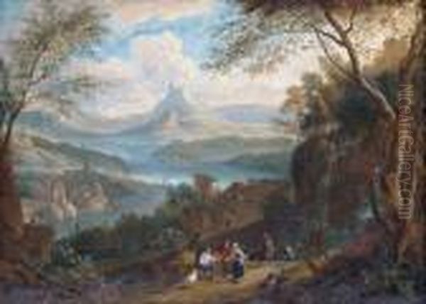 Paysage Traverse Par Un Fleuve Avec Des Villageois En Chemin. Oil Painting by Adriaen Frans Boudewijns