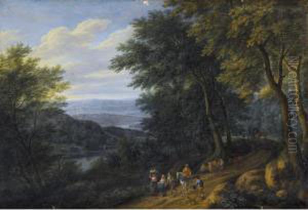 A Wooded Landscape With Figures Travelling Along A Path Oil Painting by Adriaen Frans Boudewijns