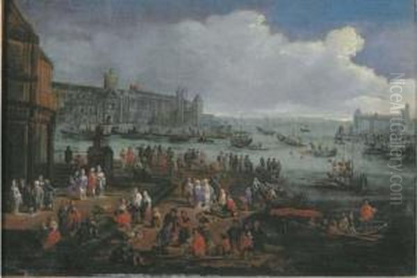 An Italianate Harbour With Elegant Figures Oil Painting by Adriaen Frans Boudewijns