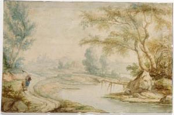 Wooded River Landscape With A Man And Child On A Path To The Left Oil Painting by Adriaen Frans Boudewijns