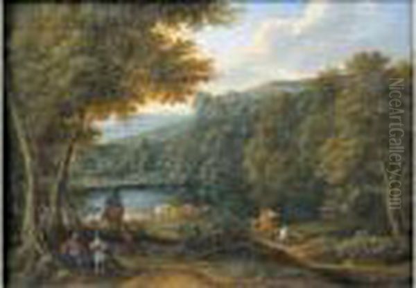 Paysage Au Cavalier Et Troupeau De Vaches Oil Painting by Adriaen Frans Boudewijns