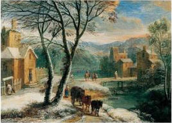 A Winter Landscape With Travellers And Waggoners Beside A River Oil Painting by Adriaen Frans Boudewijns