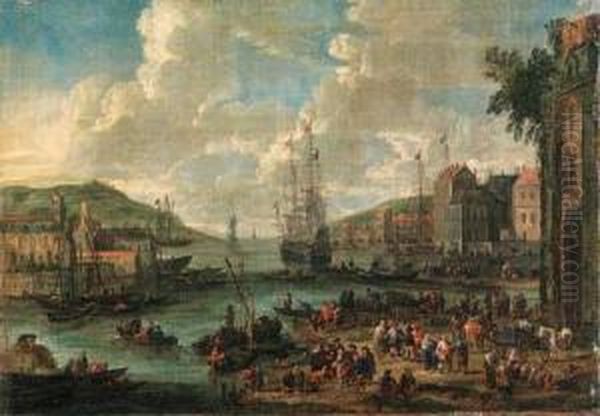 A Port, With Men-o-war And Other Shipping, Townsfolk And Fishermenon The Shore Oil Painting by Adriaen Frans Boudewijns