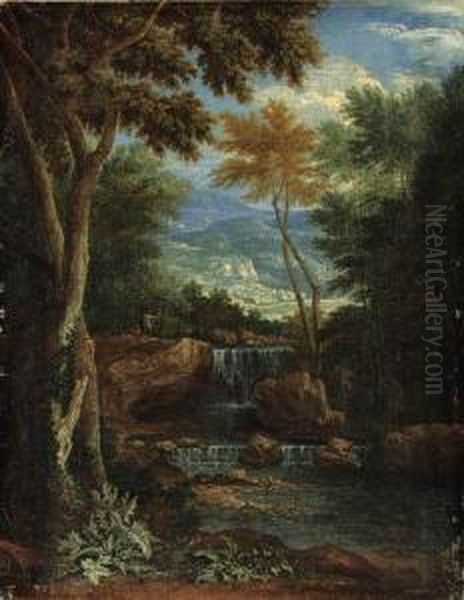 An Italianate Wooded Landscape With Figures By A Waterfall Oil Painting by Adriaen Frans Boudewijns