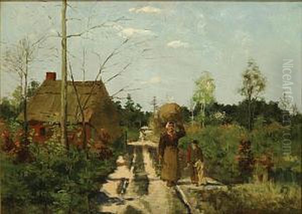 Landweg Bij Een Hoeve Met Personages. Oil Painting by Alois Boudry