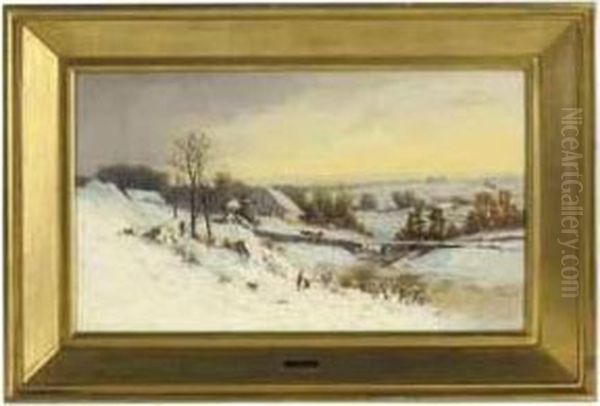 A Man Walking His Dog In A Snow-covered Valley Near Albany, Newyork Oil Painting by George Henry Boughton