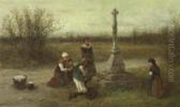 Familie Vor Einem Kreuz. 1870. Oil Painting by George Henry Boughton