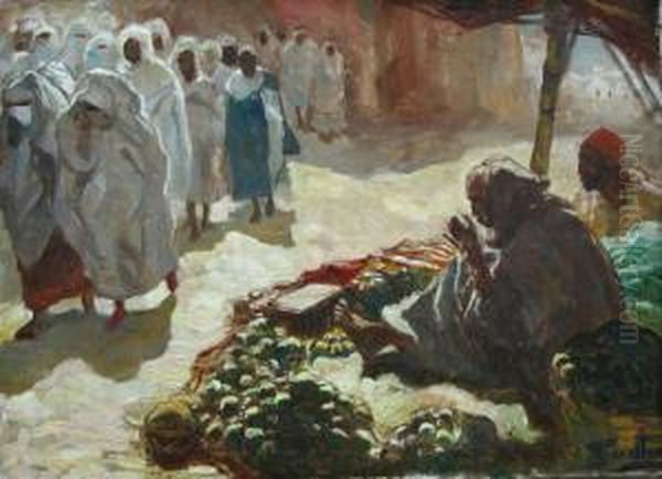 Marokkaans Markttafereel - Scene D'un Marche Marocain. Oil Painting by Georges Bouillon