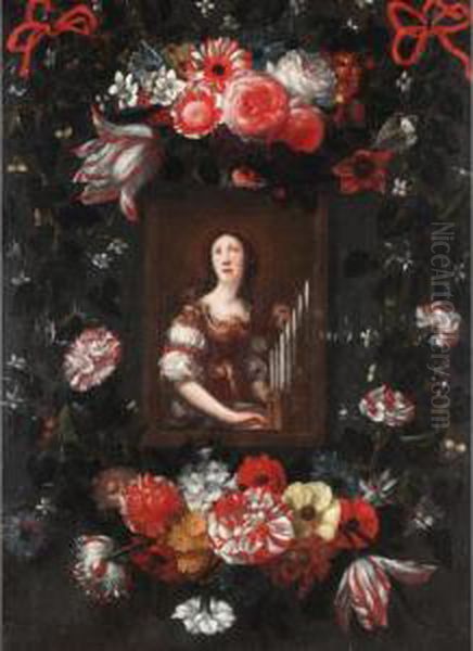 Saint Cecilia Surrounded By A Garland Of Flowers Oil Painting by Michel Bouillon