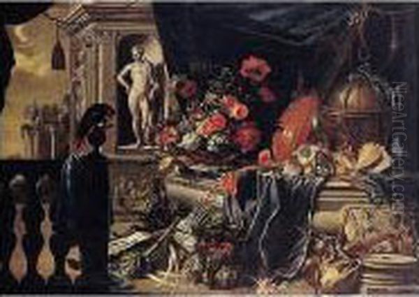 A Still Life Of Flowers With A 
Globe, Musical Instruments And A Parrot, All Set Within Architectural 
Surroundings Oil Painting by Michel Bouillon