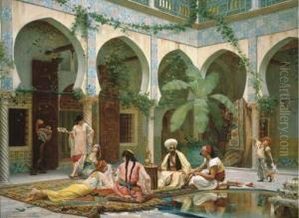 La Cour Du Palais De Dar Khdaouedj El Amia, Alger Oil Painting by Gustave Clarence Rodolphe Boulanger