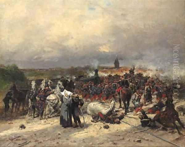 French soldiers on the attack a scene from the Franco-Prusian war Oil Painting by Wilfred Constant Beauquesne