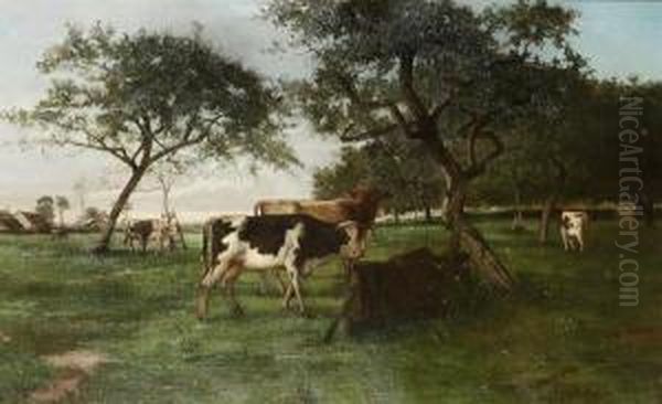 Landscape With Cows Oil Painting by Hippolyte Boulenger