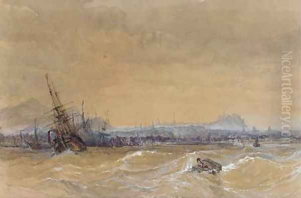 Shipping in a heavy swell off Leith Oil Painting by Charles Bentley