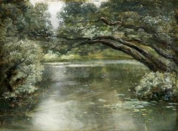 Lakeside Landscape With Lily Pads Oil On Woodpanel Oil Painting by Hippolyte Boulenger